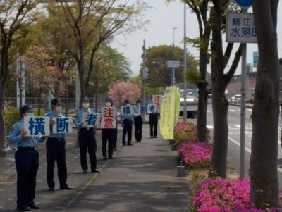 署前国道沿いでの交通安全広報（鯖江市下河端町で、令和2年5月1日撮影）