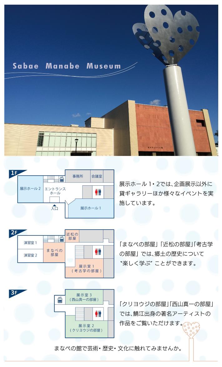 1階は展示ホールがあり、企画展や貸しギャラリーほか様々なイベントに、2階は 「まなべの部屋」 「近松の部屋」「考古学の部屋」 があり郷土の歴史を学べ、3階は鯖江出身の「クリヨウジの部屋」 「西山真一の