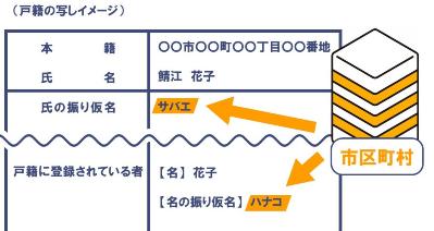 施行日から一年以内に届出がなかった場合、市区町村が振り仮名を記載することが表された画像