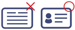 「顔写真のない身分証は×、顔写真付きの身分証は○」を表す画像